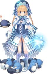 Rule 34 | 1girl, aquaplus, bird, blonde hair, blue eyes, blue theme, boots, braid, dungeon travelers 2, elbow gloves, eyebrows, flying, full body, gloves, headdress, highres, holding, holding weapon, lace, lace-trimmed legwear, lace trim, lizerietta marsh, long hair, looking at viewer, mace, mitsumi misato, official art, penguin, thighhighs, transparent background, twin braids, weapon, white gloves, white thighhighs