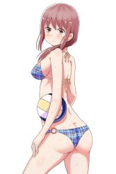 Rule 34 | 10s, 1girl, absurdres, ass, ball, bikini, blue bikini, blush, breasts, brown eyes, brown hair, butt crack, cleavage, covered erect nipples, feet out of frame, from behind, harukana receive, highres, holding, holding ball, kiseeng, long hair, looking at viewer, low-tied long hair, medium breasts, o-ring, o-ring bikini, o-ring bottom, oozora haruka (harukana receive), sideboob, simple background, smile, solo, swimsuit, volleyball (object), wet, white background