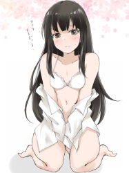 Rule 34 | 1girl, barefoot, black hair, blunt bangs, bra, breasts, brown eyes, commentary request, gakky, hatsuyuki (kancolle), hime cut, kantai collection, long hair, looking at viewer, one-hour drawing challenge, shirt, small breasts, solo, underwear, white bra, white shirt