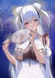 Rule 34 | 1girl, absurdres, azur lane, blue eyes, breast curtains, breasts, cleavage, detached sleeves, double bun, dress, elbing (azur lane), elbing (beauty beneath the spring limelight) (azur lane), hair bun, hair ornament, hand fan, heterochromia, highres, holding, holding fan, large breasts, long hair, looking at viewer, official alternate costume, oxygen mask (oxygenmask233), red eyes, see-through, see-through cleavage, solo, very long hair, white dress, white hair