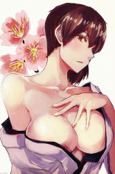 Rule 34 | 10s, 1girl, breasts, brown eyes, brown hair, collarbone, flower, hand on own chest, hibiscus, kaga (kancolle), kantai collection, large breasts, looking at viewer, murakata, off shoulder, personification, short hair, solo