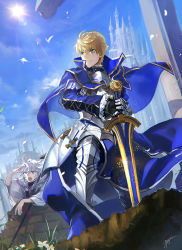 Rule 34 | 1boy, armor, armored boots, armored dress, arthur pendragon (fate), blonde hair, blue cape, blue dress, boots, breastplate, cape, castle, cloud, dress, excalibur (fate/stay night), excalibur (fate/prototype), fate/grand order, fate/prototype, fate (series), faulds, flower, gauntlets, greaves, green eyes, hair between eyes, highres, holding, holding sword, holding weapon, long sleeves, looking to the side, male focus, medium hair, merlin (fate), merlin (fate/prototype), outdoors, pauldrons, short hair, shoulder armor, signature, sky, smile, solo, staff, sun, sword, weapon, white hair, yogifog6312