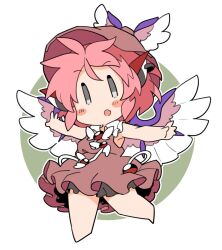 Rule 34 | 1girl, animal ears, barefoot, bird ears, bird wings, blush, brown dress, brown hat, collared shirt, dress, earrings, fang, frilled dress, frills, full body, grey eyes, hat, ini (inunabe00), jewelry, mystia lorelei, open mouth, outstretched arms, pink hair, shirt, short hair, single earring, skin fang, sleeveless, sleeveless shirt, solo, spread arms, touhou, white shirt, white wings, winged hat, wings