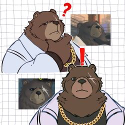 ! 1boy ? animal_ears bear_boy bear_ears ben_bigger black_shirt brown_fur chain chain_necklace claws commentary english_commentary fangs fat fat_man furry furry_male game_screenshot grid_background hands_on_own_chin highres jacket jewelry looking_at_viewer looking_to_the_side male_focus multiple_views necklace scar scar_across_eye shirt starbuchi surprised thinking white_jacket zenless_zone_zero