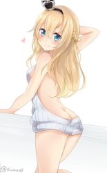 Rule 34 | 10s, 1girl, ass, bare arms, bare back, bare legs, bare shoulders, blonde hair, blue eyes, braid, butt crack, crown, french braid, heart, image sample, kantai collection, long hair, meme attire, mini crown, naked sweater, nikoo, sleeveless, smile, solo, sweater, virgin killer sweater, warspite (kancolle), white background, white sweater