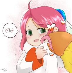 Rule 34 | 1girl, ahoge, blush, chocobo, dated, final fantasy, final fantasy fables, green eyes, heart, licking, licking another&#039;s face, midoriko (midori games), open mouth, pink hair, robe, shirma, short hair, simple background, smile, white mage (final fantasy)
