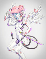 Rule 34 | 1girl, black sclera, blonde hair, blue eyes, bodysuit, breasts, colored sclera, commentary request, grey background, heterochromia, highres, holding, holding sword, holding weapon, looking at viewer, mask, mask lift, mechanical wings, mismatched sclera, original, red eyes, reverse grip, short hair, skin tight, small breasts, solo, sword, weapon, white bodysuit, wings, yumikoyama49
