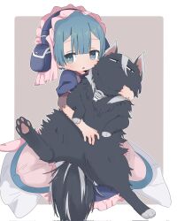 Rule 34 | 1boy, 1girl, :o, androgynous, animal, animalization, apron, blue capelet, blue dress, blue eyes, blue hair, border, brown background, capelet, cat, dress, frilled apron, frills, highres, holding, holding animal, holding cat, looking at viewer, made in abyss, maid, maid headdress, maruruk, open mouth, outline, ozen, short hair, short sleeves, trap, uis0, whistle, whistle around neck, white border, white outline, yellow pupils