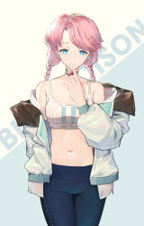 Rule 34 | 1girl, absurdres, arknights, bare shoulders, blue background, blue eyes, blue pants, blue poison (arknights), blue poison (shoal beat) (arknights), braid, camisole, character name, choker, commentary, cowboy shot, crop top, earrings, finger to mouth, grey background, grin, hand up, highres, jacket, jewelry, leggings, long sleeves, looking at viewer, medium hair, midriff, navel, off shoulder, open clothes, open jacket, pants, pink choker, pink hair, smile, solo, spaghetti strap, sports bra, standing, stomach, swept bangs, thighs, twin braids, two-tone background, vchan, white jacket