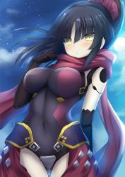 Rule 34 | 1girl, adjusting scarf, android, arm behind back, backlighting, bare shoulders, black gloves, black hair, blush, breasts, closed mouth, covered navel, cowboy shot, elbow gloves, fate/grand order, fate (series), full moon, gloves, joints, katou danzou (fate), large breasts, leotard, long hair, moon, moonlight, night, night sky, outdoors, parted bangs, ponytail, purple leotard, red scarf, robot joints, scarf, sky, solo, standing, star (sky), starry sky, taiki ken, waist cape, yellow eyes