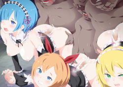 Rule 34 | 3girls, all fours, animankan, ass, blonde hair, blue eyes, blue hair, blush, bow, breasts, breasts out, butt crack, censored, clenched teeth, clothed female nude male, crying, crying with eyes open, cum, cum in pussy, detached collar, detached sleeves, doggystyle, ejaculation, embarrassed, frederica baumann, from above, green eyes, group sex, hair between eyes, hair bow, hair over one eye, hanging breasts, highres, internal cumshot, legs, long hair, maid, maid headdress, medium breasts, mosaic censoring, multiple girls, nipples, no panties, nude, open mouth, orange hair, orgasm, penis, petra leyte, rape, re:zero kara hajimeru isekai seikatsu, red bow, rem (re:zero), sex, sex from behind, sharp teeth, short hair, tears, teeth, thighs, x-ray