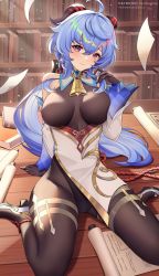 Rule 34 | 1girl, ahoge, bare shoulders, bell, blue hair, bodystocking, breasts, detached sleeves, ganyu (genshin impact), genshin impact, gloves, highres, horns, large breasts, long hair, looking at viewer, neck bell, paid reward available, pantheon eve, purple eyes, solo