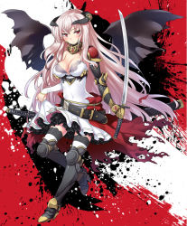 Rule 34 | 1girl, 47agdragon, armor, armored boots, belt, boots, breasts, cleavage cutout, clothing cutout, demon girl, demon horns, demon wings, dress, highres, horns, katana, knee boots, large breasts, long hair, looking at viewer, armored boots, metal gloves, original, red eyes, silver hair, skirt, skirt tug, solo, strapless, strapless dress, sword, thigh boots, thighhighs, very long hair, weapon, white dress, white thighhighs, wings, zettai ryouiki