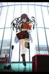 Rule 34 | 1girl, absurdres, ankle boots, arm warmers, arms up, black footwear, black gloves, black hair, black shorts, blush, boots, closed eyes, closed mouth, dive! (love live!), earrings, epaulettes, facing viewer, fingerless gloves, full body, gloves, grey thighhighs, highres, jacket, jewelry, letterboxed, long hair, love live!, love live! nijigasaki high school idol club, midriff, minase yuki, one side up, red jacket, shorts, single arm warmer, single bare shoulder, single fingerless glove, single sleeve, single thighhigh, smile, solo, star (symbol), star earrings, thigh strap, thighhighs, yuki setsuna (love live!)
