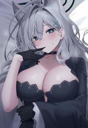Rule 34 | 1girl, absurdres, ahoge, animal ear fluff, animal ears, biting, black choker, black dress, black gloves, blue archive, blue eyes, blush, breasts, choker, cleavage, dress, extra ears, glove biting, gloves, grey hair, hair ornament, halo, hand up, highres, large breasts, long hair, long sleeves, looking at viewer, lying, mismatched pupils, on back, reel (riru), shiroko (blue archive), shiroko terror (blue archive), shrug (clothing), solo, strapless, strapless dress, sweat, sweatdrop, wide sleeves, wolf ears