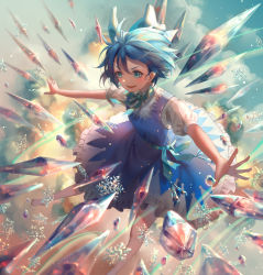 Rule 34 | 1girl, barefoot, blue dress, blue eyes, blue hair, blue ribbon, blush, bow, cirno, cloud, dress, hair bow, highres, ice, ice crystal, ice wings, outstretched arms, puffy short sleeves, puffy sleeves, ribbon, short hair, short sleeves, sky, snowflakes, solo, touhou, wings, ze xia