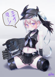 Rule 34 | 10s, 1girl, abyssal ship, amputee, arm support, bad id, bad pixiv id, bare shoulders, blush, destroyer princess, doyouwantto, gloves, gradient background, hat, headgear, kantai collection, long hair, looking at viewer, midriff, navel, pale skin, purple eyes, school uniform, serafuku, side ponytail, skirt, sleeveless, solo, translation request, white hair