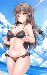 Rule 34 | 1girl, :p, absurdres, artist name, bare arms, bare shoulders, beach, bikini, black bikini, blue sky, blush, breasts, brown eyes, brown hair, cleavage, clenched hand, cloud, collarbone, day, frilled bikini, frills, girls&#039; frontline, groin, hair between eyes, hair ornament, hairclip, hand up, highres, index finger raised, k2 (girls&#039; frontline), long hair, looking at viewer, medium breasts, navel, ocean, outdoors, pointing, pointing at viewer, sand, sidelocks, signature, sky, smile, solo, stomach, swimsuit, tareme, tongue, tongue out, zerocat