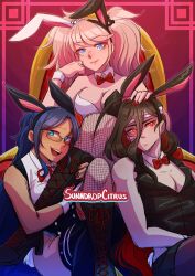 Rule 34 | 1boy, 2girls, :d, animal ears, artist name, bandaged head, bandages, bare shoulders, black footwear, black thighhighs, blue eyes, boots, bow, bowtie, breasts, cleavage, danganronpa: trigger happy havoc, danganronpa (series), danganronpa 2: goodbye despair, danganronpa v3: killing harmony, detached collar, enoshima junko, fake animal ears, glasses, groin, hand up, highres, kamukura izuru, knee boots, large breasts, leotard, long hair, looking at viewer, male playboy bunny, multicolored background, multiple girls, nail polish, neck ribbon, open mouth, pantyhose, pectoral cleavage, pectorals, playboy bunny, rabbit ears, rabbit tail, red bow, red bowtie, red nails, red ribbon, ribbon, shirogane tsumugi, smile, strapless, strapless leotard, sunndropcitrus, swept bangs, tail, teeth, thighhighs, upper teeth only, wrist cuffs