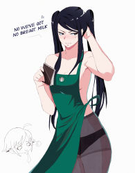 Rule 34 | 2girls, absurdres, anger vein, apron, arm behind head, barista, black eyes, black hair, black legwear, black panties, blush, bolzhedor, breast conscious, breasts, chibi, chibi inset, commentary, dana zane, english commentary, english text, green apron, highres, iced latte with breast milk (meme), jill stingray, long hair, looking away, meme, multiple girls, nearly naked apron, nose blush, notepad, panties, pantyhose, sideboob, small breasts, solo focus, speech bubble, starbucks, swept bangs, twintails, underwear, va-11 hall-a