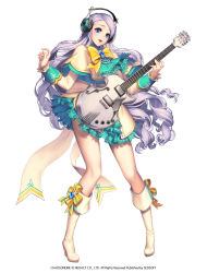 Rule 34 | 1girl, blue eyes, boots, braid, chaos online, company name, copyright name, dress, full body, guitar, happy, headphones, highres, instrument, knee boots, long hair, love cacao, mayreel, official art, pigeon-toed, purple hair, simple background, solo, standing, white background, white footwear