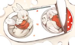Rule 34 | 2girls, braid, capelet, child, closed eyes, dress, highres, looking at viewer, lying, mini person, minigirl, multiple girls, on side, original, rabbit, rabbit ears, red capelet, red eyes, shirokujira, white dress, white hair