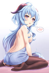 Rule 34 | 1girl, ahoge, ass, backless outfit, bare arms, bare shoulders, blue hair, blue sweater, breasts, brown pantyhose, commentary request, curled horns, ganyu (genshin impact), genshin impact, gradient background, grey background, highres, horns, long hair, looking at viewer, looking back, medium breasts, meme attire, no shoes, open mouth, pantyhose, purple eyes, ribbed sweater, sideboob, sitting, soles, solo, spoken blush, sweat, sweater, tomo (tmtm mf mf), very long hair, virgin killer sweater, wariza, white background
