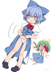 Rule 34 | 2girls, bad id, bad pixiv id, blood, blue eyes, blue hair, bow, cirno, closed eyes, clothes lift, daiyousei, dress, dress lift, green hair, kugatsu tsukimi, legs, long hair, multiple girls, navel, nosebleed, panties, ribbon, shoes, short hair, side ponytail, simple background, smile, striped clothes, striped panties, touhou, underwear, wings