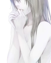 Rule 34 | 1girl, bad id, bad pixiv id, brown hair, close-up, eyelashes, fingernails, head out of frame, hitaki azami, lips, long hair, nail, nude, original, own hands together, simple background, solo, tears, upper body, water drop, wet, white background
