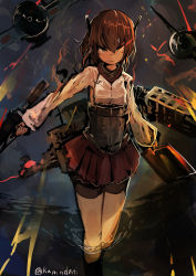 Rule 34 | 10s, 1girl, absurdres, aircraft, bike shorts, bow (weapon), brown eyes, brown hair, corset, crossbow, flight deck, headgear, highres, holding, holding weapon, kaamin (mariarose753), kamindani, kantai collection, long sleeves, looking at viewer, machinery, pleated skirt, red skirt, short hair, shorts under skirt, skirt, solo, taihou (kancolle), twitter username, water, weapon