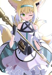 Rule 34 | 1girl, absurdres, animal ear fluff, animal ears, apron, arknights, bare shoulders, black gloves, blonde hair, blue hairband, fox ears, fox girl, fox tail, frilled skirt, frills, gloves, green eyes, hairband, highres, holding, looking at viewer, multicolored hair, one eye closed, parted lips, purple skirt, shirt, single glove, skirt, solo, spam (spamham4506), suzuran (arknights), tail, two-tone hair, waist apron, white apron, white hair, white shirt