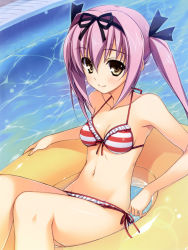 Rule 34 | 1girl, absurdres, bare shoulders, bikini, breasts, brown eyes, cleavage, collarbone, front-tie top, hair ribbon, halterneck, highres, innertube, itou maki, kimi to issho ni, lens flare, long hair, looking at viewer, navel, original, partially submerged, pool, poolside, purple hair, reclining, ribbon, side-tie bikini bottom, small breasts, smile, solo, sparkle, striped bikini, striped clothes, swim ring, swimsuit, water, yuuki hagure