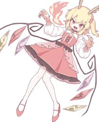 Rule 34 | 1girl, :d, antlers, blonde hair, breath weapon, breathing fire, commentary request, crystal, dress, fire, flandre scarlet, frilled cuffs, frilled skirt, frills, full body, hands up, high heels, highres, horns, long sleeves, looking at viewer, one side up, oninamako, open mouth, red dress, red eyes, red footwear, red nails, short hair, simple background, skirt, smile, solo, teeth, touhou, v-shaped eyebrows, white background, wings