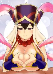 Rule 34 | 1girl, absurdres, breasts, brown eyes, brown hair, cleavage, deep skin, eo masaka, fate/grand order, fate (series), hat, heart, heart hands, highres, huge breasts, looking at viewer, paizuri, pov, smile, solo focus, xuangzang sanzang (fate)