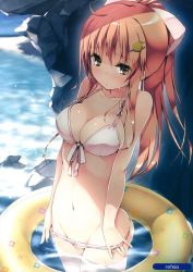 Rule 34 | 1girl, absurdres, ahoge, artist name, bare arms, bare shoulders, bikini, bikini pull, breasts, brown eyes, cleavage, clothes pull, collarbone, day, eyebrows, front-tie bikini top, front-tie top, groin, hair ornament, hair ribbon, hairclip, highres, innertube, long hair, looking at viewer, medium breasts, navel, orange hair, original, outdoors, ponytail, pulling own clothes, refeia, ribbon, scan, sideboob, sidelocks, sky, solo, swim ring, swimsuit, wading, water, wet