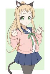 Rule 34 | 1girl, absurdres, animal ears, arms up, black pantyhose, blonde hair, blue sailor collar, blush, cat ears, cat tail, collarbone, crust gm0, dot nose, fake animal ears, fake tail, female focus, green eyes, highres, inose mai, koisuru asteroid, long hair, long sleeves, looking at viewer, open mouth, open sweater, pantyhose, ponytail, sailor collar, simple background, skirt, solo, standing, sweater, tail