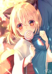 Rule 34 | 1girl, animal ear fluff, animal ears, arm hug, black bow, blonde hair, blurry, blurry background, bow, candy, chita (ketchup), commentary request, covered mouth, depth of field, fingernails, food, fox ears, fox girl, fox tail, hair between eyes, hair bun, head tilt, highres, holding, holding candy, holding food, holding lollipop, japanese clothes, kimono, lollipop, long sleeves, looking at viewer, one side up, original, pleated skirt, red bow, red eyes, red skirt, short eyebrows, side bun, sidelocks, signature, single hair bun, single side bun, skirt, solo focus, swirl lollipop, tail, tail raised, thick eyebrows, white kimono, wide sleeves