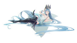 Rule 34 | 1girl, absurdly long hair, absurdres, armored boots, azur lane, bare shoulders, black footwear, blue hair, boots, breasts, champagne (azur lane), cleavage, crown, dress, closed eyes, floating, floating headgear, floating object, full body, hand in own hair, headgear, highres, long hair, niaodao zhenjun, simple background, sleeveless, sleeveless dress, solo, thigh boots, thighhighs, thighs, very long hair, white background, white dress