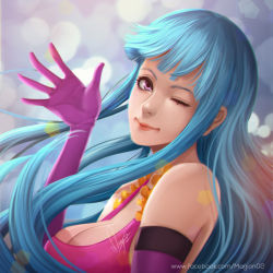 Rule 34 | 1girl, :&gt;, artist name, blue hair, breasts, cleavage, dress, elbow gloves, facebook username, gloves, large breasts, lens flare, lips, long hair, looking at viewer, magion02, me!me!me!, meme (me!me!me!), nose, one eye closed, portrait, purple eyes, sidelocks, signature, smile, solo, watermark, web address