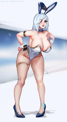 Rule 34 | 1girl, animal ears, ashe (league of legends), bare shoulders, black bow, black footwear, blue background, blush, bow, bowtie, breasts, cleavage, collarbone, detached collar, fake animal ears, fishnet pantyhose, fishnets, high heels, highleg, highleg leotard, highres, large breasts, league of legends, leaning forward, leotard, long hair, looking at viewer, merellyne, pantyhose, playboy bunny, rabbit ears, smile, solo, strapless, strapless leotard, teeth, traditional bowtie, white background, white hair, white leotard, wrist cuffs