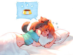 Rule 34 | &gt; &lt;, 1girl, :3, :d, aqua shirt, artist name, bare shoulders, bed sheet, blanket, bottomless, bowl, cat, chromatic aberration, closed eyes, food, pet bowl, freckles, groin, lying, midriff, nana nakano, navel, off shoulder, on bed, on person, open mouth, original, parted lips, pet bowl, pet food, pillow, red eyes, red hair, shirt, short sleeves, simple background, smile, solo, speech bubble, spoken food, stomach, white background