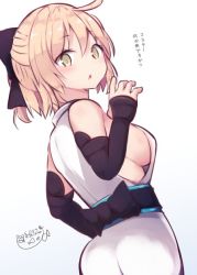 Rule 34 | 1girl, ahoge, ass, beni shake, black bow, blonde hair, bow, breasts, brown eyes, fate/grand order, fate (series), hair bow, large breasts, looking at viewer, okita souji (fate), okita souji (koha-ace), parted lips, short hair, sideboob, signature, solo, translation request, triangle mouth
