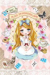 Rule 34 | 1girl, alice (alice in wonderland), alice in wonderland, bow, bug, butterfly, card, cookie, floating card, food, hair bow, insect, playing card, queen (playing card), queen of hearts (playing card), rabbit, solo, tea, tottsuan