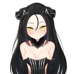 Rule 34 | 1girl, android, bare shoulders, black hair, blush, breasts, cleavage, collarbone, commentary request, detached sleeves, dreamer (girls&#039; frontline), forehead, girls&#039; frontline, hair between eyes, highres, huomao (akcat), long hair, looking at viewer, medium breasts, revealing clothes, sangvis ferri, simple background, smile, solo, white background, yellow eyes