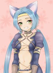Rule 34 | 1girl, animal ears, bad link, blue hair, cat ears, green eyes, highres, long hair, looking at viewer, low twintails, meracle chamlotte, navel, o-ring, simple background, smile, solo, star ocean, star ocean the last hope, twintails