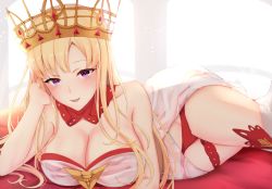 Rule 34 | 1girl, bare shoulders, blonde hair, blush, breasts, chiyo (pk19981234), cleavage, collar, collarbone, crown, dress, europa (fate), fate/grand order, fate (series), large breasts, long hair, looking at viewer, lying, on side, open mouth, panties, purple eyes, red collar, red panties, smile, thighhighs, thighs, underwear, very long hair, white dress