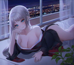 Rule 34 | 1girl, absurdres, bare legs, bare shoulders, bed, black kimono, blue eyes, breasts, character request, city lights, cleavage, closed mouth, collarbone, commission, curtains, grey hair, hair intakes, hand on own chin, head rest, highres, hotel, japanese clothes, kimono, large breasts, legs together, light blush, long hair, looking at viewer, lying, mohaka (m 0haka), night, off shoulder, on stomach, sidelocks, smile, solo, thighs, window