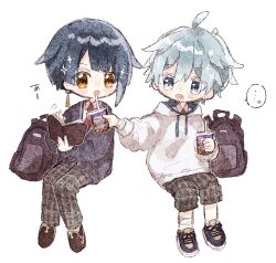 Rule 34 | ..., 2boys, :o, ahoge, backpack, bag, bandaged arm, bandaged leg, bandages, black bag, black footwear, blue cardigan, blue eyes, blue hair, blunt bangs, blush, blush stickers, book, cardigan, chibi, chongyun (genshin impact), chongyun (gigo) (genshin impact), collared shirt, colored eyelashes, commentary request, cup, disposable cup, drawstring, drinking straw, earrings, genshin impact, grey pants, hair between eyes, highres, holding, holding book, holding cup, hood, hood down, hoodie, jewelry, long sleeves, male focus, multiple boys, necktie, nekorune (bukubuku awai), official alternate costume, open book, open mouth, pants, pants rolled up, parted lips, plaid, plaid pants, puffy long sleeves, puffy sleeves, red necktie, school uniform, shirt, shoes, short hair, simple background, single earring, sneakers, sparkle, speech bubble, spoken ellipsis, unworn backpack, unworn bag, white background, white hoodie, white shirt, wing collar, xingqiu (genshin impact), xingqiu (gigo) (genshin impact), yellow eyes