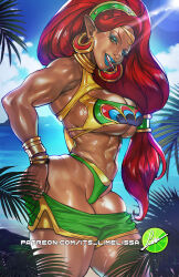Rule 34 | 1girl, artist logo, artist name, blue lips, blue sky, bracelet, breasts, circlet, clothes pull, dark-skinned female, dark skin, day, earrings, gerudo, green eyes, green panties, green shorts, jewelry, large breasts, lime lissa, long hair, muscular, muscular female, nintendo, outdoors, panties, patreon username, plant, pointy ears, red hair, short shorts, shorts, shorts pull, sky, solo, the legend of zelda, the legend of zelda: breath of the wild, toothpick, underwear, urbosa, watermark, web address