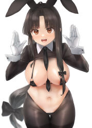 Rule 34 | 1girl, ahoge, alternate costume, animal ears, between breasts, bikini, black bikini, black hair, black necktie, breasts, brown eyes, crotchless, crotchless pantyhose, fake animal ears, frontless outfit, gloves, kantai collection, large breasts, long hair, looking at viewer, low-tied long hair, meme attire, navel, necktie, necktie between breasts, open mouth, pantyhose, rabbit ears, rabbit pose, revealing clothes, reverse bunnysuit, reverse outfit, shouhou (kancolle), solo, swimsuit, toka (marchlizard), very long hair, white gloves